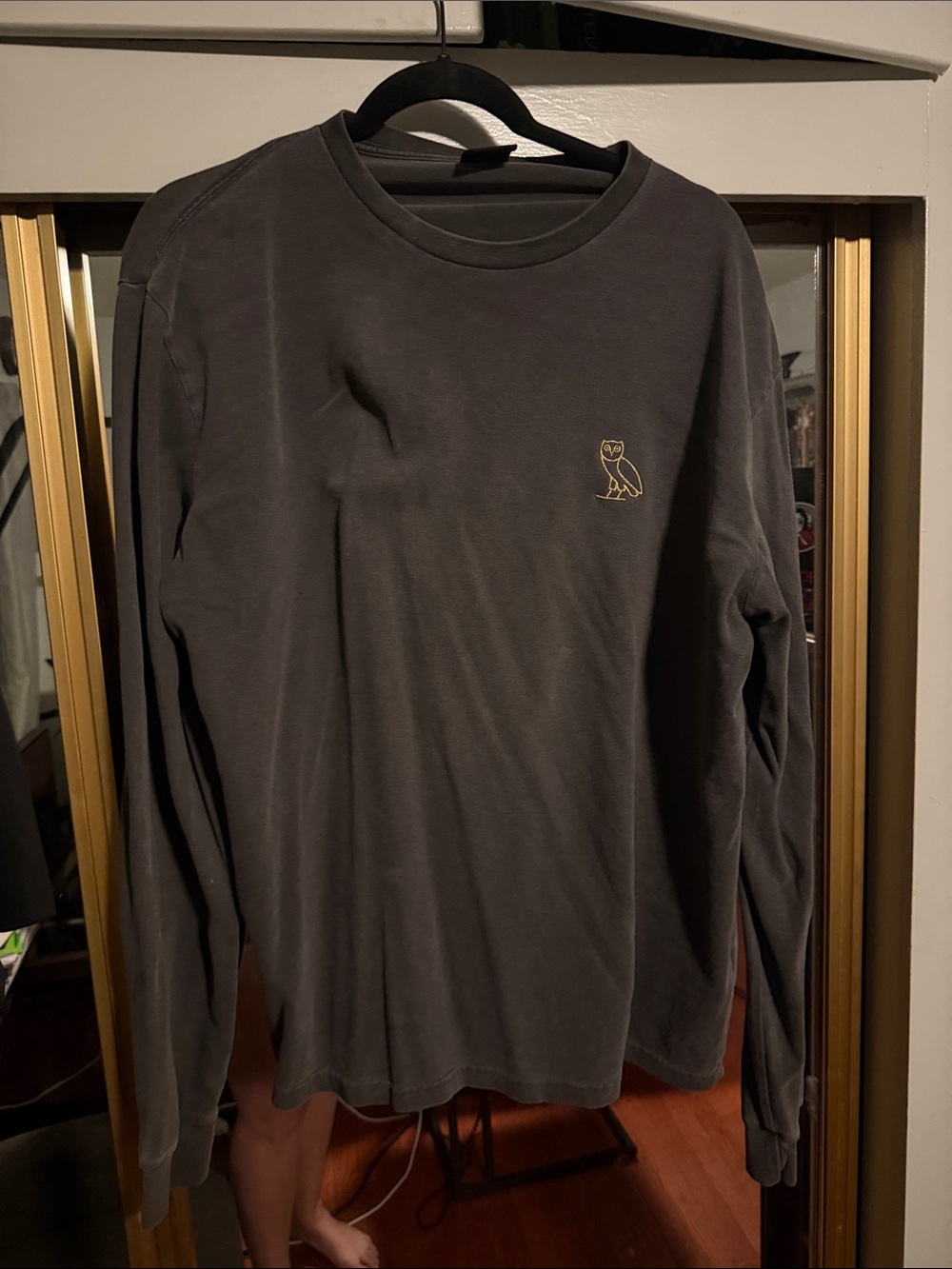 OVO Charcoal Long Sleeve Crewneck with Gold Owl Embroidered Logo